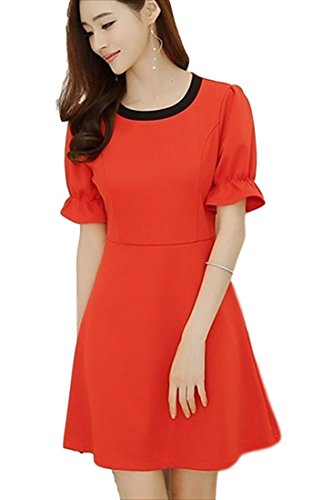 (フムフム) fumu fumu 2016 赤 ワンピース ( ブラック ネックライン ) パフスリーブ レッド かわいい スカート お出かけ パーティー お呼ばれ 人気 S M L XL XXL レッド