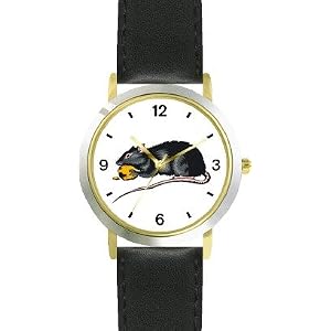 Black Mouse or Rat with Cheese Animal - WATCHBUDDY® DELUXE TWO-TONE THEME WATCH - Arabic Numbers - Black Leather Strap-Size-Women's Size-Small