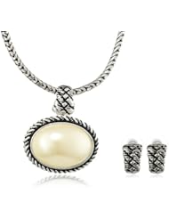 Cream Simulated Cabochon Pearl and Artisan Inspired Earrings and Necklace Set 18+2"