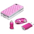 4in1 iPhone SET Deluxe Ledertasche Pink / KFZ Ladekabel / Netzteil / USB Datenkabel / f�r iPhone 4 iPhone 4S / Premium Deluxe Design Tasche Etui Leder Steppleder H�lle Cover CHROME Case Hardcase Schutzh�lle Bumper / Ladeger�t Set 3in1 Charger Datenkabel USB Sync Pkw Ladekabel Pink / Kostenloser Versand / Original Lanboo Set