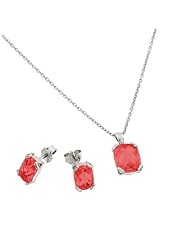 Rhodium Plated 925 Sterling Silver Prong Set July Birthstone Ruby Faceted Cubic Zirconia CZ Earring and Necklace Set