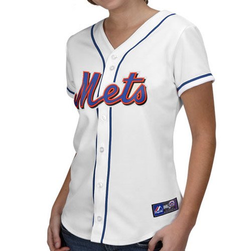 MLB New York Mets Women's Short Sleeve 5 Button Synthetic Replica Jersey (White, Large)
