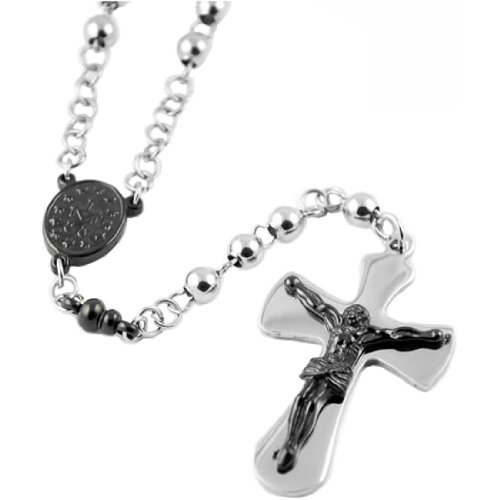 Chrome and Black Stainless Steel Rosary Necklace