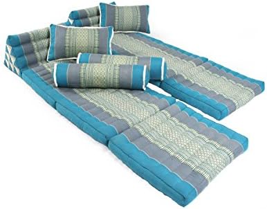 Sunshine Set (2x foldable Thai Mat + 2 Thaipillows + 2 Bolsters), Thai Fabric SkyBlues, 100% Kapok filling!