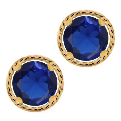 1.50 Ct Round 6mm Blue Created Sapphire 14K Yellow Gold Stud Earrings