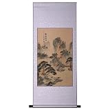 Handmade Asian Wall Art Scroll Painting On Textured White Brocade - Mountain Lake Fishing