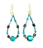 Earrings - E305 - Bugle Beads and Fire Polished Glass & Murano Style Beads - Oval Loop ~ Teal (Blue Green)