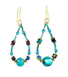 Earrings - E305 - Bugle Beads and Fire Polished Glass & Murano Style Beads - Oval Loop ~ Teal (Blue Green)