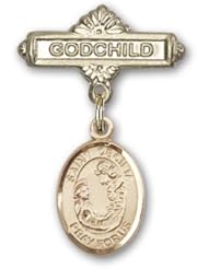 Gold Filled Baby Badge with St. Cecilia Charm and Godchild Badge Pin