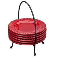 Signature Housewares Sorrento Collection 6-Inch Stoneware Plates with Serving Caddy, Ruby Antiqued Finish, Set of 6