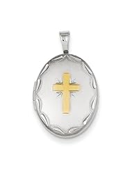 Sterling Silver Gold-Plated Cross W/Scallop Border 19mm Oval Locket