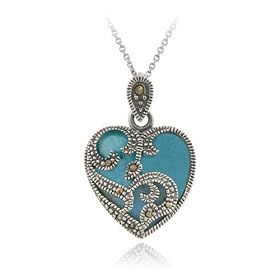 Sterling Silver Marcasite &amp; Turquoise Heart Necklace, 18": Jewelry