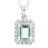 1.55ct Emerald Cut Green Amethyst and Diamond Gemstone Pendant in 10Kt White Gold w chain