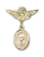14K Gold Baby Badge with St. Maximilian Kolbe Charm and Angel with Wings Badge Pin