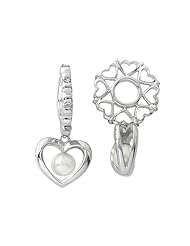 Storywheel® Created White Sapphire and Pearl Heart Dangle Bead / Charm in 925 Sterling Silver