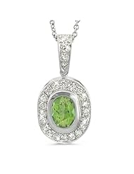 Vintage Oval Shaped Diamond Pendant With An Oval Center Stone In 18K White Gold With A 0.90 ct. Genuine Green Tourmaline Center Stone.