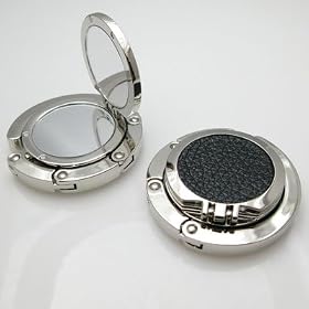 Black Leather Foldable Purse Hook w/ Mirror Compact