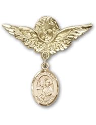 14K Gold Baby Badge with St. Mark the Evangelist Charm and Angel with Wings Badge Pin