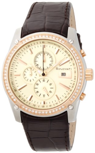 Rinovati Unisex RN0008 Stones 3 Eyes Chronograph Champagne Dial Brown Strap Watch