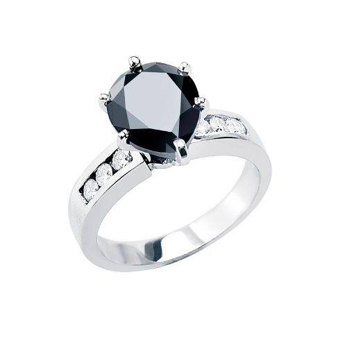 14k White Gold Anniversary Band Pear Cut Black Diamond Accent Ring (4.30 ctw) (Black Diamond - 4.00 ct , Black Color, SI2-I1 Clarity) (Diamond - .30 ctw, G-I Color, SI2-I1 Clarity)