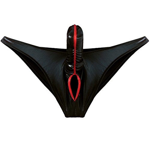 YiZYiF Mens Leather Look Bikinis Swimwear Long Pouch With Scrotum Hole Underwear Black Large