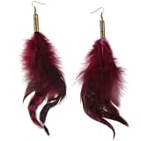 Maroon Red Wine Tiger - Perforated Brass Ornamental Stem - Long Feather Earrings