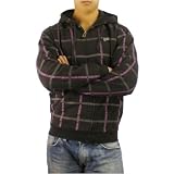 Mens Billabong black zip up winter hoodie jacket. Very high quality skate and surf brand sweater with side entry pockets, printed purple and black plaid pattern and eye catching logo design embroidered on the shoulder and chest. Great authentic sweatshirt to wear with various casual styles.