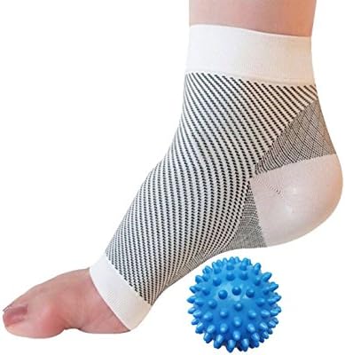 Toeless Plantar Fasciitis Compression Socks With One Spiky Massage Ball Bonus - Best Heal Bundle For Your Foot Pain, Ankle &amp; Arch Support and Swelling (White, S/M)