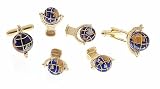 JJ Weston dramatic yellow gold plated and hand enamelled spinning globe cufflinks and shirt stud formal set with presentation box. Made in the U.S.A