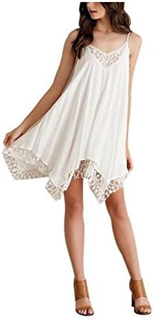 Liujos Women Lace Splicing Irregular Hem Spaghetti Strap Chiffon Short Midi Dress (L)