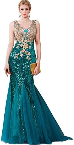 Unique Design Dazzling Beaded Lace Applique Slim-fitting Sequin Dress (8, Peacock)