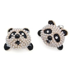 Small Black Panda With Imitation Faux Pearl Post Earrings