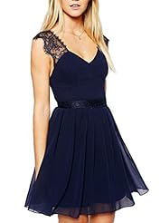 A-line V-neck Backless Lace Pleated Sleeveless Tank Chiffon  Dress