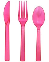 Party Essentials Plastic Cutlery Assortment and Knives/Forks/Spoons, Neon Pink, 17 Place Setting-Count