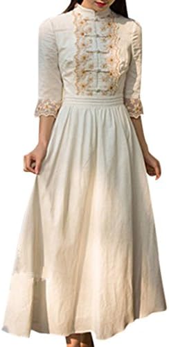 JOLLYCHIC Women's Mandarin Collar Floral Retro Party Bohemian Maxi Dress Size 8 US Beige