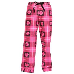Fuschia Hot Pink Check and Paw Print Spirit Fun Print Novelty tie cord flannel cotton pants for lounging, sleep, sports. Unisex relaxed fit,