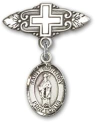 Sterling Silver Baby Badge with St. Gregory the Great Charm and Badge Pin with Cross