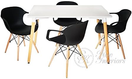 5-Piece Dining Set White Rectangular Table Black Armchairs Modern Plastic Molded Wood Legs
