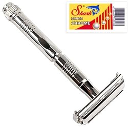 Parker 90R - Long Handle Butterfly Open Double Edge Safety Razor and 5 Shark Super Chrome Blades