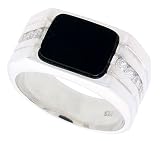 Sterling Silver Gents' Rectangular Black Onyx Ring, w/ 2 Light Grooves At-a-Side & 8 CZ Stones, 7/16 (11mm) wide,