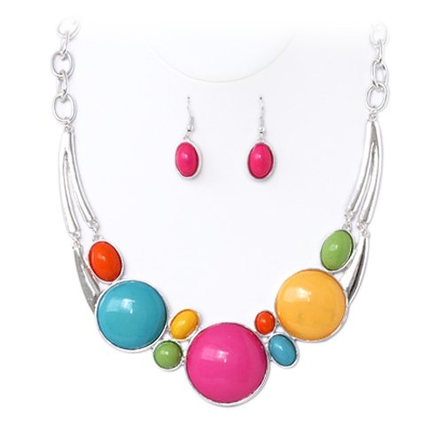 Round Multi Colored Stone Necklace and Earrings Set Fashion Jewelry