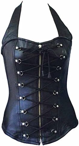 Zip and Lace Front Halter Lambskin Leather Corset (Small)