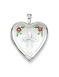 Sterling Silver 20mm Enameled Flower and Cross Heart Locket. Metal Wt- 3.4g