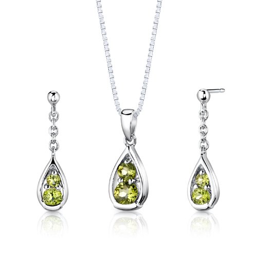 Sterling Silver 1.50 carats total weight Round Shape Peridot Pendant Earrings and 18 inch Necklace Set