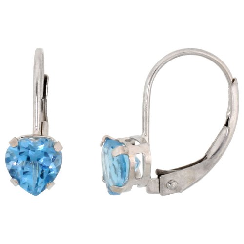10k White Gold Natural Blue Topaz Heart Leverback Earrings 5mm December Birthstone, 9/16 inch tall