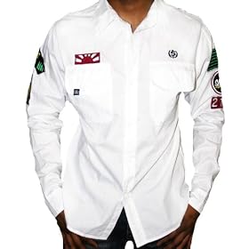 SHMACK Mens Long Sleeve Button Collared Down Patches Skull Shirt Bright White by Shmack