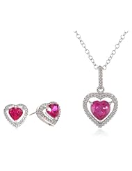Sterling Silver Heart Created Ruby Pendant and Earring Box Set