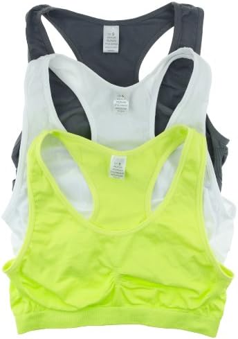 3 Pack: Light Support Light Workout Seamless Nylon Spandex Sports Bra (Medium, Lime/Charcoal/White)