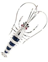 Diamond Blue Sapphire Prawn Brooch/Pin 18K White Gold Jewelry [I_004]