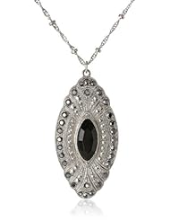 Signature 1928 "Signature Marcasite" Silver-Tone Jet and Marcasite Pendant Necklace, 16"